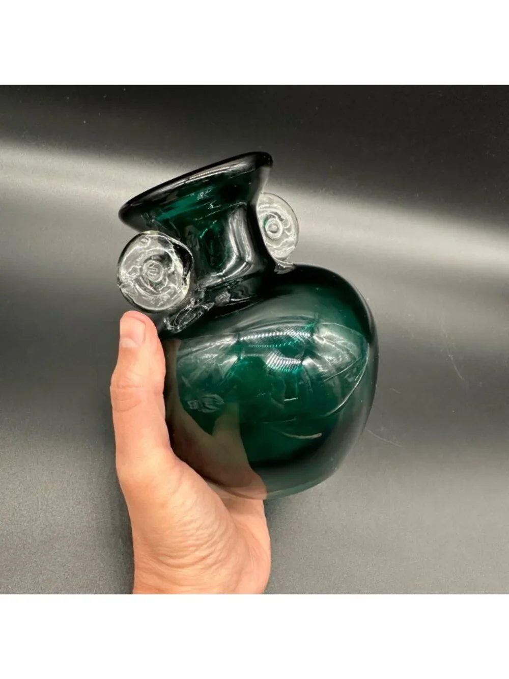 Art Glass Vase Forest Green Glass Clear Applied Handles Polished Bottom Handmade